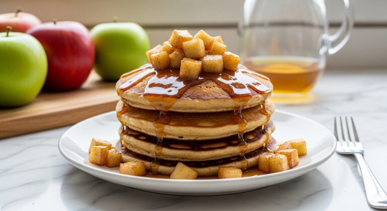 A visually appealing stack of golden-brown Apple Cinnamon Pancakes, generously drizzled with glossy, amber-colored syrup and topped with rustic, caramelized apple chunks. The pancakes are on a minimalist white plate, set on marble countertops with subtle wood accents in the soft natural morning light from the east window. Fresh red and green apples are visible in the soft-focus background, alongside a clear glass pitcher. The presentation is clean and tidy, with warm tones and soft shadows, evoking a cozy, homemade feel. NO HANDS.