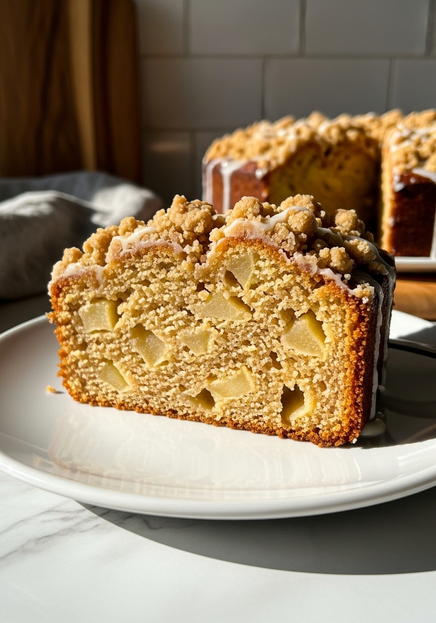 A delicious and inviting close-up of a slice of Apple Fritter Cake, showcasing its moist texture, visible chunks of perfectly baked apple, a golden-brown streusel, and a glistening vanilla glaze. The cake is presented on a minimalist white plate, with natural morning light casting soft shadows on the marble countertop and a hint of the wooden cutting board in the background, maintaining a clean and warm aesthetic.