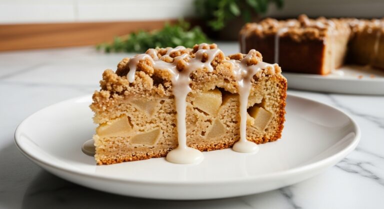 A beautifully plated, mouth-watering slice of Apple Fritter Cake on a minimalist white plate. The cake shows a golden brown crumbly streusel topping, visible tender apple chunks baked within, and a generous, glistening drizzle of sweet white glaze. The background features soft, natural morning light from the east window falling on marble countertops with subtle wood accents. Fresh herbs are visible slightly blurred in the background, creating warm tones and a clean, tidy presentation.