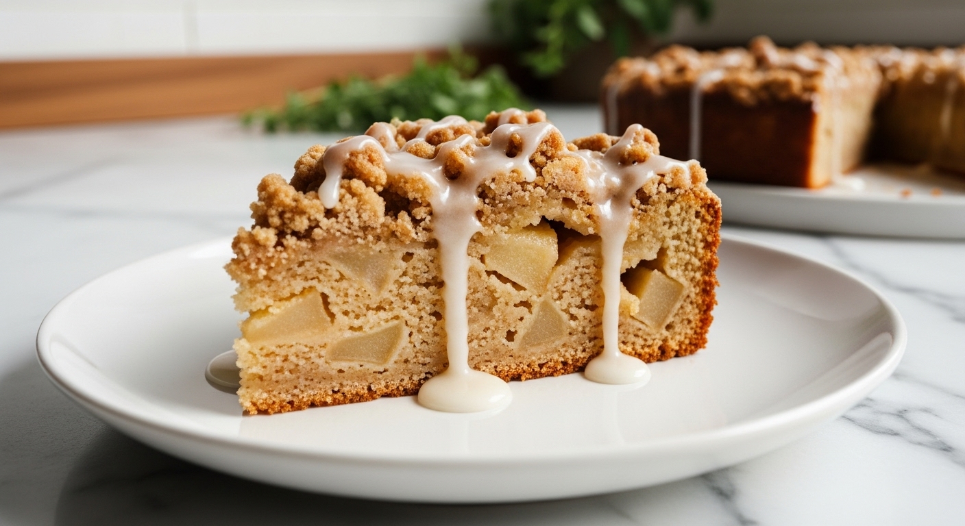 A beautifully plated, mouth-watering slice of Apple Fritter Cake on a minimalist white plate. The cake shows a golden brown crumbly streusel topping, visible tender apple chunks baked within, and a generous, glistening drizzle of sweet white glaze. The background features soft, natural morning light from the east window falling on marble countertops with subtle wood accents. Fresh herbs are visible slightly blurred in the background, creating warm tones and a clean, tidy presentation.