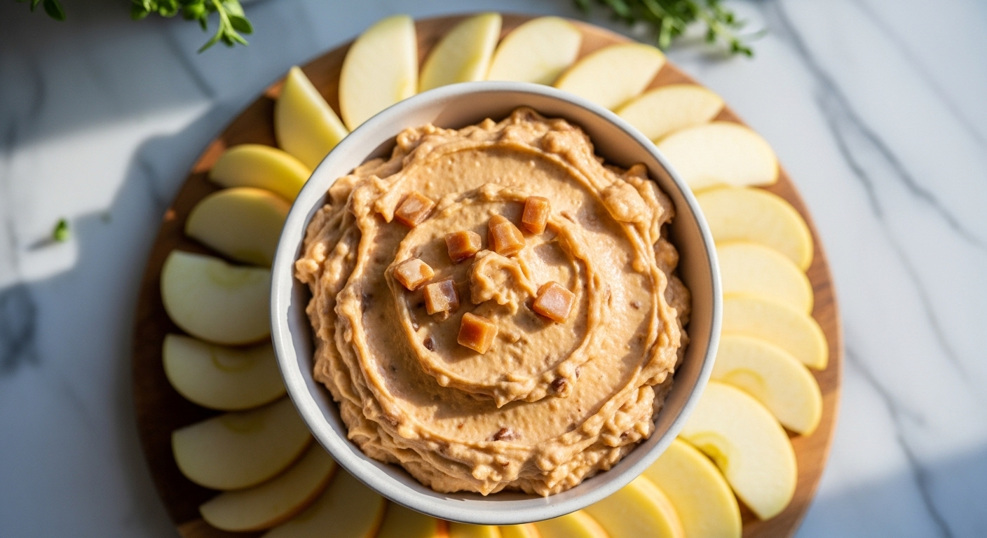 A mouth-watering overhead shot of a creamy Apple Toffee Dip in a beautiful ceramic bowl, surrounded by perfectly fanned out, crisp apple slices on a wooden cutting board. The scene is set on marble countertops with soft natural morning light streaming from an east window, highlighting the dip's golden brown toffee bits and rich texture. Fresh herbs are subtly visible in the soft-focused background, lending a clean and tidy presentation with warm tones and soft shadows.