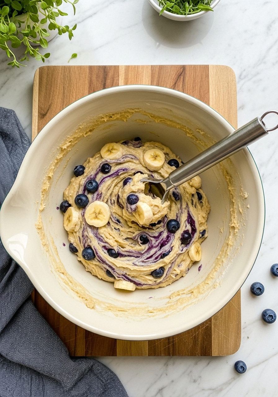 A vibrant overhead shot of the muffin batter in a ceramic mixing bowl on the wooden cutting board, showcasing juicy blueberries and creamy banana swirls, ready to be scooped. Natural morning light illuminates the scene on marble countertops, with fresh herbs subtly in the background, creating a mouth-watering, in-process moment, without any hands or people.