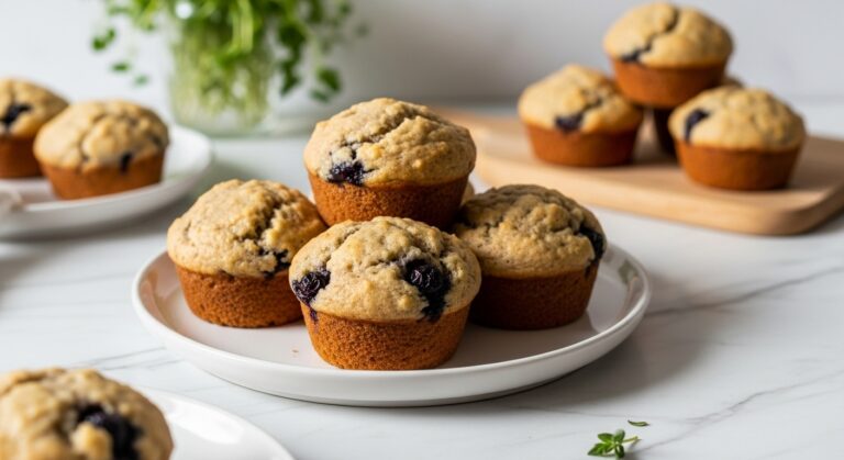 A beautifully composed hero shot of warm, golden-brown Banana Blueberry Almond Flour Muffins, artfully arranged on a minimalist white plate, placed on marble countertops with subtle wood accents in natural morning light. Fresh herbs are visible in the soft-focused background, creating a cozy and inviting atmosphere, emphasizing their delicious, wholesome appeal, without any hands or people.