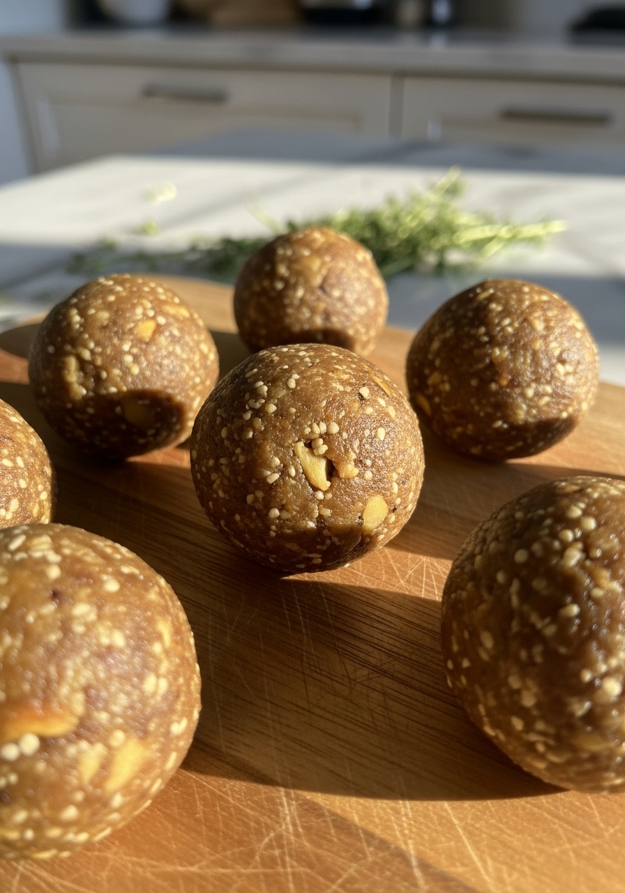 A close-up, slightly elevated shot of a few perfectly formed Banana Bread Energy Balls, showcasing their appealing texture and rustic charm, resting on the same wooden cutting board. The background features the clean marble countertops and a glimpse of fresh herbs, all softly lit by natural morning light, creating warm tones and soft shadows. The focus is on the deliciousness and homemade quality, without any visible hands.