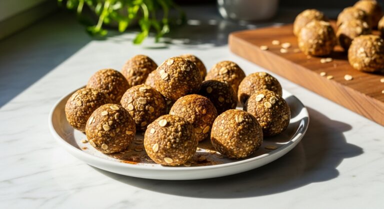 A beautifully plated collection of round, golden-brown Banana Bread Energy Balls, artfully arranged on a minimalist white plate, with a sprinkle of cinnamon and a few whole oats visible. The scene is bathed in natural morning light from an east window, highlighting the marble countertops and a corner of the same wooden cutting board, with fresh herbs subtly blurred in the background, creating soft shadows and warm tones. The presentation is clean and tidy, emphasizing appetite appeal without any visible hands.