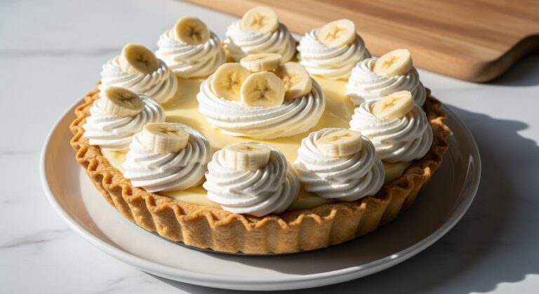 A beautifully composed 16:9 shot of a whole Banana Cream Pie resting on a minimalist white plate on a marble countertop with soft natural morning light. The pie features a golden-brown crimped crust, a smooth, pale yellow banana custard filling, and is generously topped with fluffy white whipped cream piped in rosettes around the edge and a central swirl. Fresh banana slices are artfully arranged on top of the whipped cream and in the center. A clean wooden cutting board is subtly visible in the background, along with gentle soft shadows. The presentation is tidy and mouth-watering, with no hands.