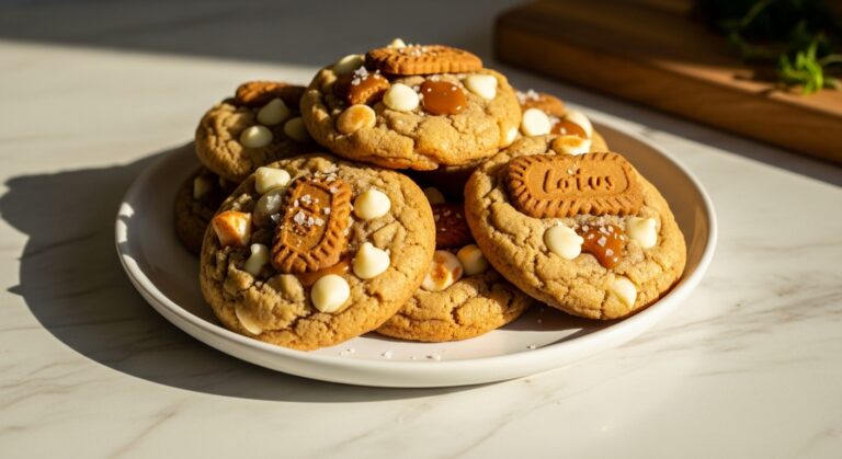 A beautifully composed 16:9 hero shot of a small pile of freshly baked, golden brown Banoffee Pie Cookies on a minimalist white plate. The cookies are generously sprinkled with creamy white chocolate chips, visible caramel pieces, and biscoff crumbs, along with a delicate dusting of flaky sea salt. The scene is set on light marble countertops with warm, natural morning light casting soft shadows, maintaining a clean and tidy presentation. A corner of the brand's signature wooden cutting board is subtly visible in the background, with a hint of fresh herbs, evoking a loved kitchen feel. NO HANDS.