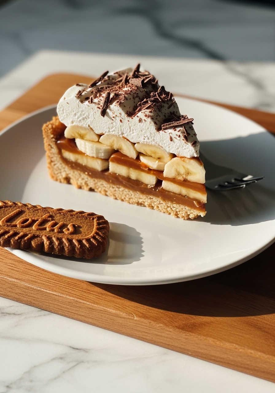 A close-up, slightly elevated shot of a Banoffee Pie slice on a minimalist white plate, with a speculoos cookie casually placed nearby on the wooden cutting board. The pie layers are clearly visible: the sturdy golden-brown crust, creamy dulce de leche, neatly sliced bananas, and a fluffy peak of whipped cream adorned with delicate chocolate shavings. Natural morning light creates inviting soft shadows and warm tones, with marble countertops in the background. No hands.