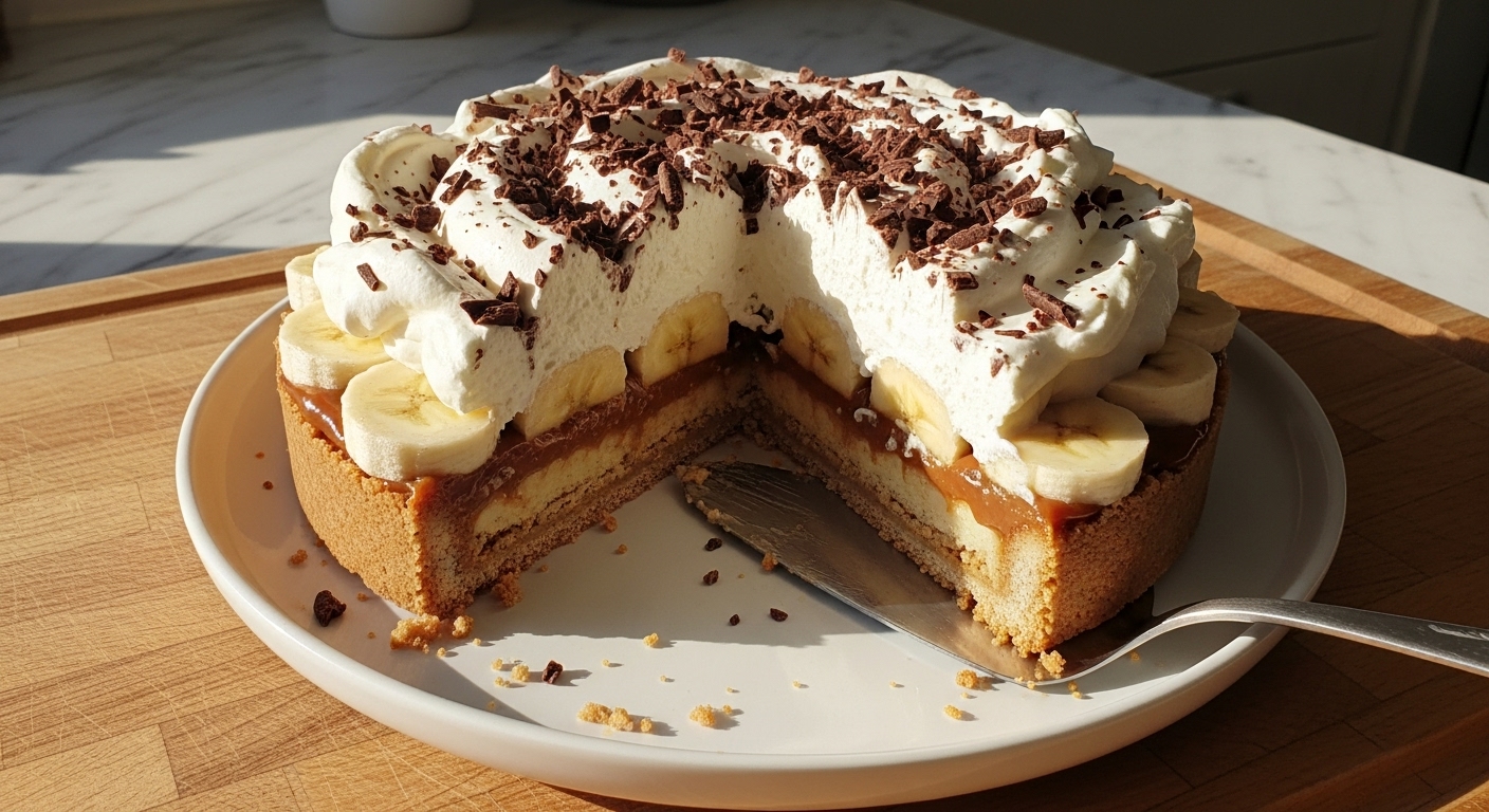 A beautifully composed, appetizing hero shot of a partially sliced Banoffee Pie on a minimalist white plate, revealing its distinct layers of golden-brown biscuit crust, smooth dulce de leche, perfectly ripe banana slices, and a generous cloud of fluffy whipped cream topped with dark chocolate shavings. A silver pie server rests within the pie. The scene is set on the wooden cutting board, with marble countertops visible in the background and soft, natural morning light casting warm tones and gentle shadows. No hands.