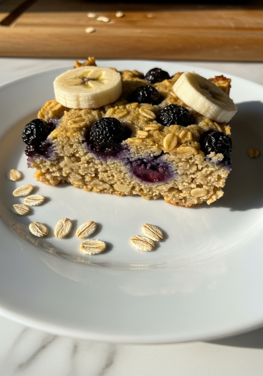 A mouth-watering close-up of a slice of Blueberry Banana Baked Oatmeal on a white ceramic plate, captured from a slightly different angle than the hero shot. The golden oats, vibrant blueberries, and banana slices are clearly visible, with some loose oats scattered artfully on the white plate. The background subtly shows the wooden cutting board and a hint of the marble countertop under natural morning light.