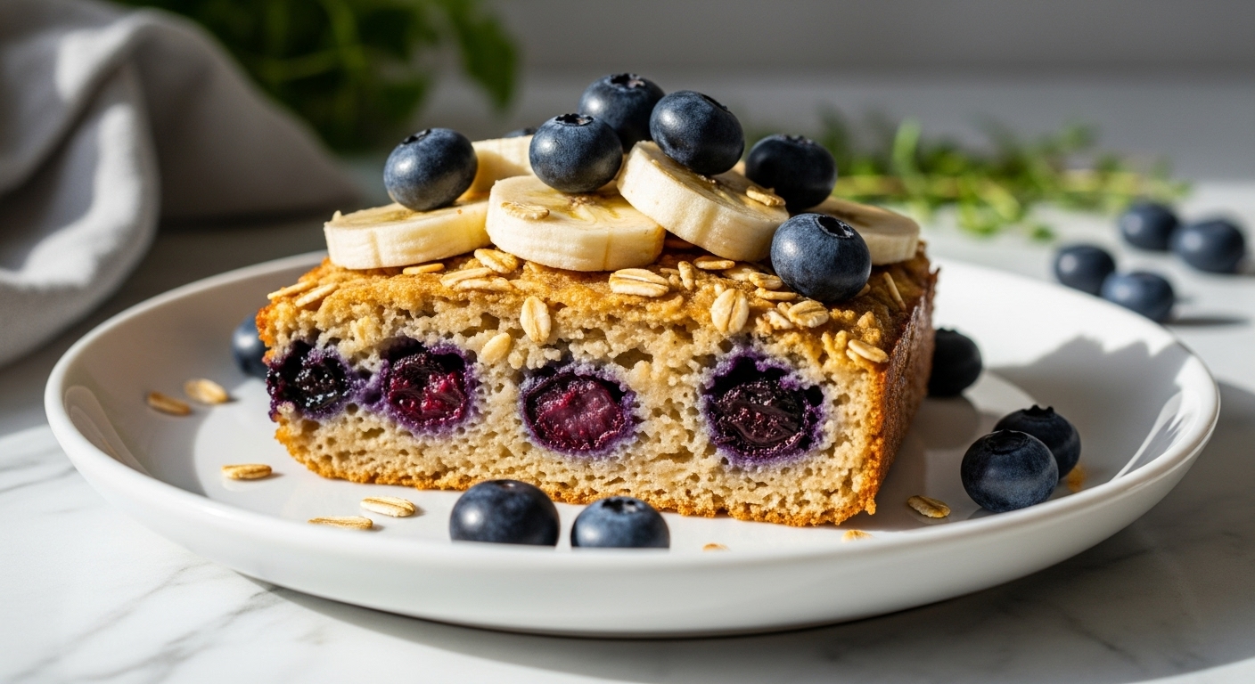A beautifully plated slice of golden brown Blueberry Banana Baked Oatmeal, topped with fresh blueberries, banana slices, and toasted oats, sitting on a minimalist white plate on marble countertops. Natural morning light creates soft shadows. Fresh herbs are visible in the soft-focus background, enhancing the warm and clean presentation. The oatmeal has a deliciously appealing moist texture with bursting blueberries.