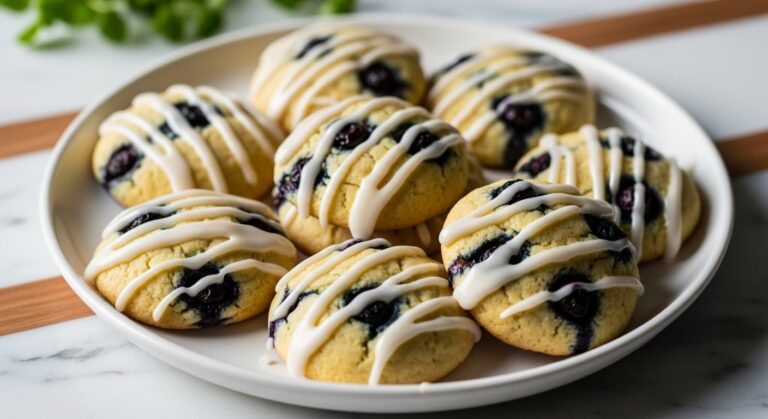A beautifully arranged plate of freshly baked, soft Blueberry Cookies with Lemon Glaze. The cookies are round, golden-yellow, dotted with bursting blueberries, and generously drizzled with white, slightly translucent lemon glaze, as seen in the original image. The plate is minimalist white ceramic, sitting on a marble countertop with subtle wood accents. Natural morning light casts soft shadows. Fresh herbs are visible in the soft-focus background, enhancing the clean and tidy presentation.