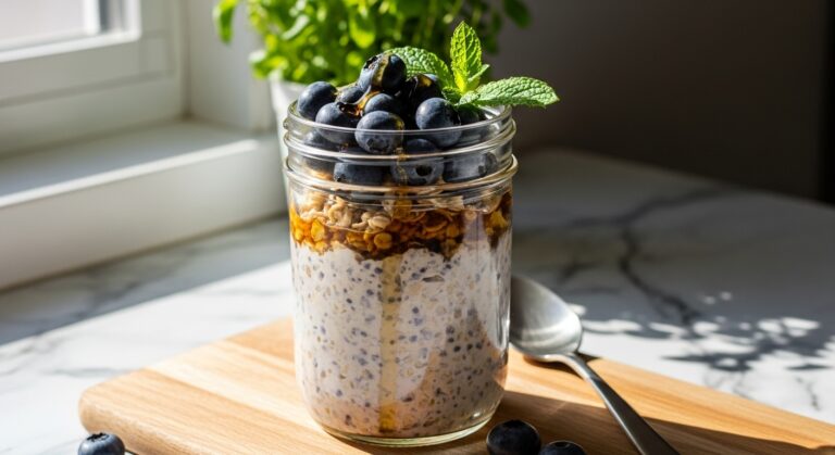 A beautifully composed 16:9 shot of a mason jar filled with Blueberry Overnight Oats, topped with fresh blueberries, a drizzle of maple syrup, and a sprig of fresh mint. The jar rests on a wooden cutting board on marble countertops, bathed in natural morning light from an east window. Soft shadows create depth, and fresh herbs are subtly visible in the background, maintaining a clean, tidy presentation with warm tones.