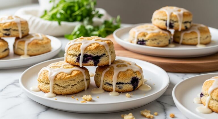 A beautifully arranged shot of golden brown Blueberry White Chocolate Scones on minimalist white plates, drizzled with a creamy white glaze, with natural morning light streaming from the east window. Fresh herbs are visible in the soft-focused background, resting on the marble countertops with subtle wood accents. The presentation is clean, tidy, with a few artful crumbs around the plate, emphasizing warmth and deliciousness.