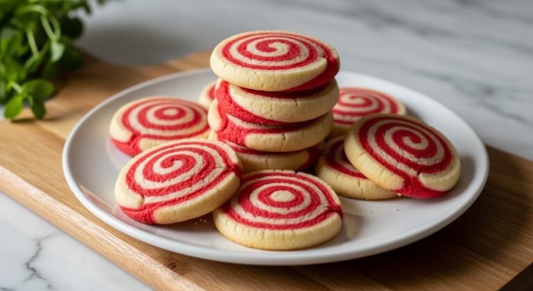 A beautifully plated stack of freshly baked, perfectly swirled Candy Cane Cookies, showcasing their vibrant red and white stripes. The cookies are arranged on a minimalist white plate, set on a wooden cutting board against a marble countertop. Natural morning light casts soft shadows. Fresh green herbs are subtly visible in the background, adding a touch of freshness to this deliciously appealing holiday scene, without any hands or people.