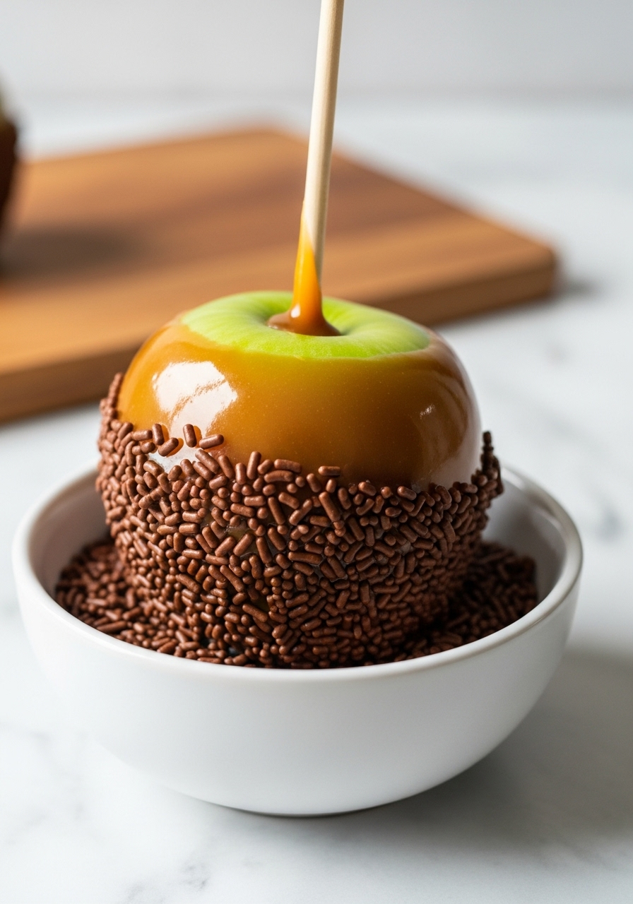A close-up, inviting shot of a freshly dipped green caramel apple, with glossy golden-brown caramel and a shower of chocolate sprinkles clinging to its bottom half, resting in a minimalist white ceramic bowl filled with more chocolate sprinkles on the marble countertops. In the soft natural morning light, a slight drip of caramel is visible at the apple's base, adding to its authentic, irresistible appeal. The wooden cutting board is subtly visible in the background. No hands visible.