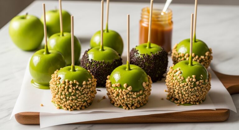 A beautifully arranged spread of finished green caramel apples on wooden sticks, some with chopped peanuts, some with chocolate sprinkles, and some plain, resting on parchment paper on the wooden cutting board. A small jar of caramel and a couple of fresh green apples are softly blurred in the background on the marble countertops. Soft natural morning light casts warm tones and subtle shadows across the scene, creating a clean and tidy, yet inviting, presentation. No hands visible.