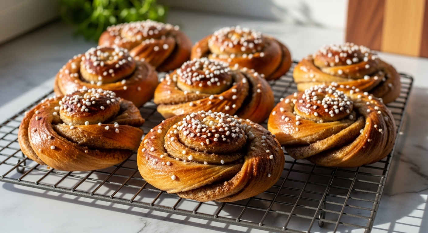 A beautifully composed, slightly elevated shot of several freshly baked, golden brown cardamom buns with prominent pearl sugar on a wire cooling rack. The buns are arranged appealingly, showcasing their spiral shape and rich color. The scene is set on a marble countertop with soft, natural morning light filtering from an east window, casting gentle shadows. A hint of fresh herbs is visible in the background, and a corner of a wooden accent piece peeks into the frame, creating a warm, inviting atmosphere. No hands or people.