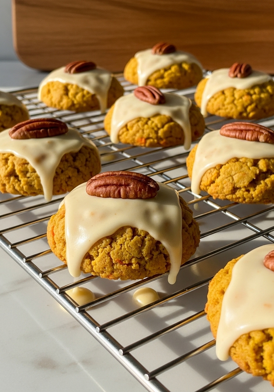 A dynamic, slightly angled close-up shot of several carrot cake cookies with bright yellow-orange bases, generously covered in creamy white orange icing and topped with a distinct whole pecan. They are cooling on a sleek metal wire rack, allowing some icing drips to be seen. The background features the warm wooden cutting board and a hint of marble countertop, all bathed in soft natural morning light, creating warm tones. The focus is on the delicious texture and inviting homemade quality of the cookies, without any hands.