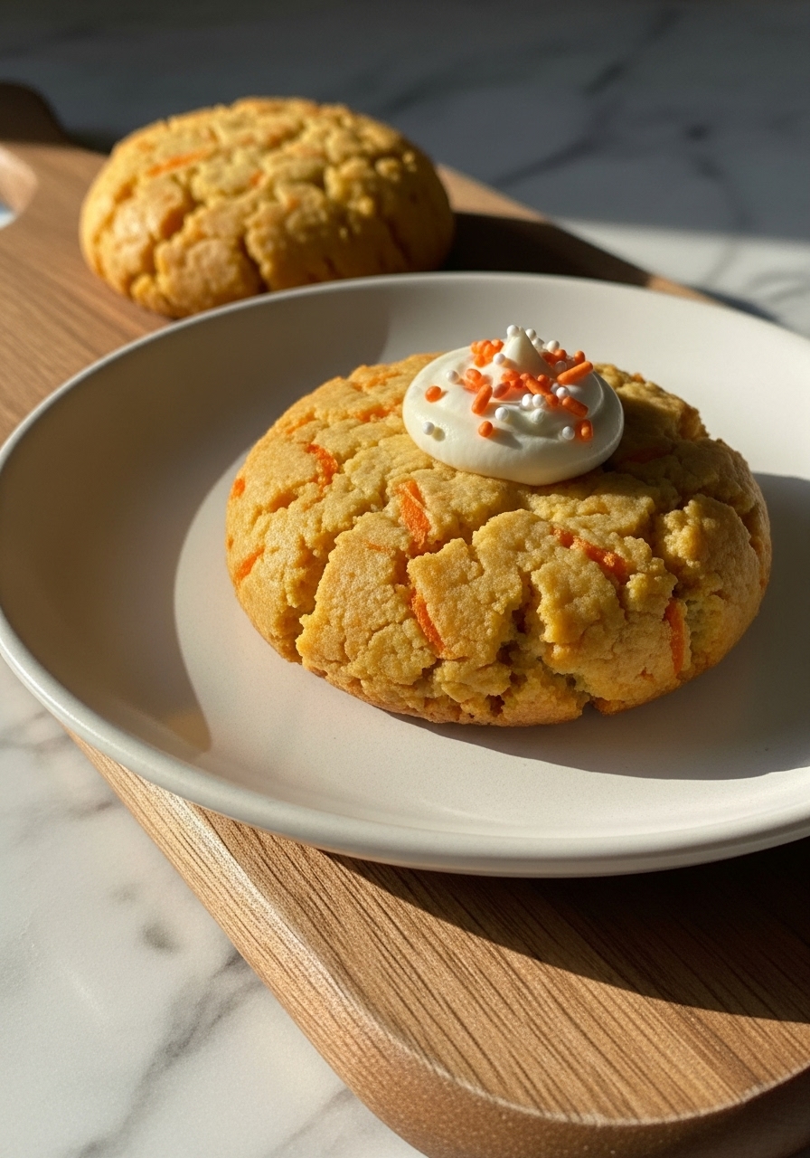 A 3:4 close-up shot of a single golden-brown Carrot Cottage Cheese Cookie, showing its moist texture, visible specks of shredded carrots, and a delicate dollop of white cream with orange sprinkles, resting on a minimalist ceramic plate. The cookie is positioned on the wooden cutting board on a marble countertop, bathed in natural morning light, creating warm tones and soft shadows. No hands visible, just the deliciously appealing cookie.