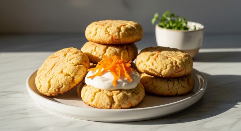 A beautifully composed 16:9 shot of a stack of golden-brown Carrot Cottage Cheese Cookies, some topped with a dollop of white whipped cream and orange shredded carrots, on a minimalist white plate on marble countertops. Natural morning light casts soft shadows. A small ceramic bowl of fresh herbs sits subtly in the background, adding a touch of green. The overall scene is clean and tidy with warm tones, capturing the delicious appeal of the cookies.
