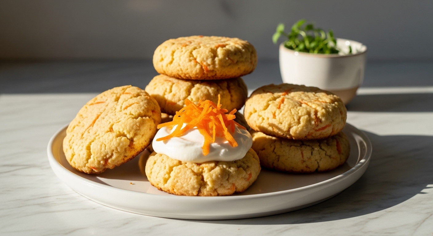 A beautifully composed 16:9 shot of a stack of golden-brown Carrot Cottage Cheese Cookies, some topped with a dollop of white whipped cream and orange shredded carrots, on a minimalist white plate on marble countertops. Natural morning light casts soft shadows. A small ceramic bowl of fresh herbs sits subtly in the background, adding a touch of green. The overall scene is clean and tidy with warm tones, capturing the delicious appeal of the cookies.