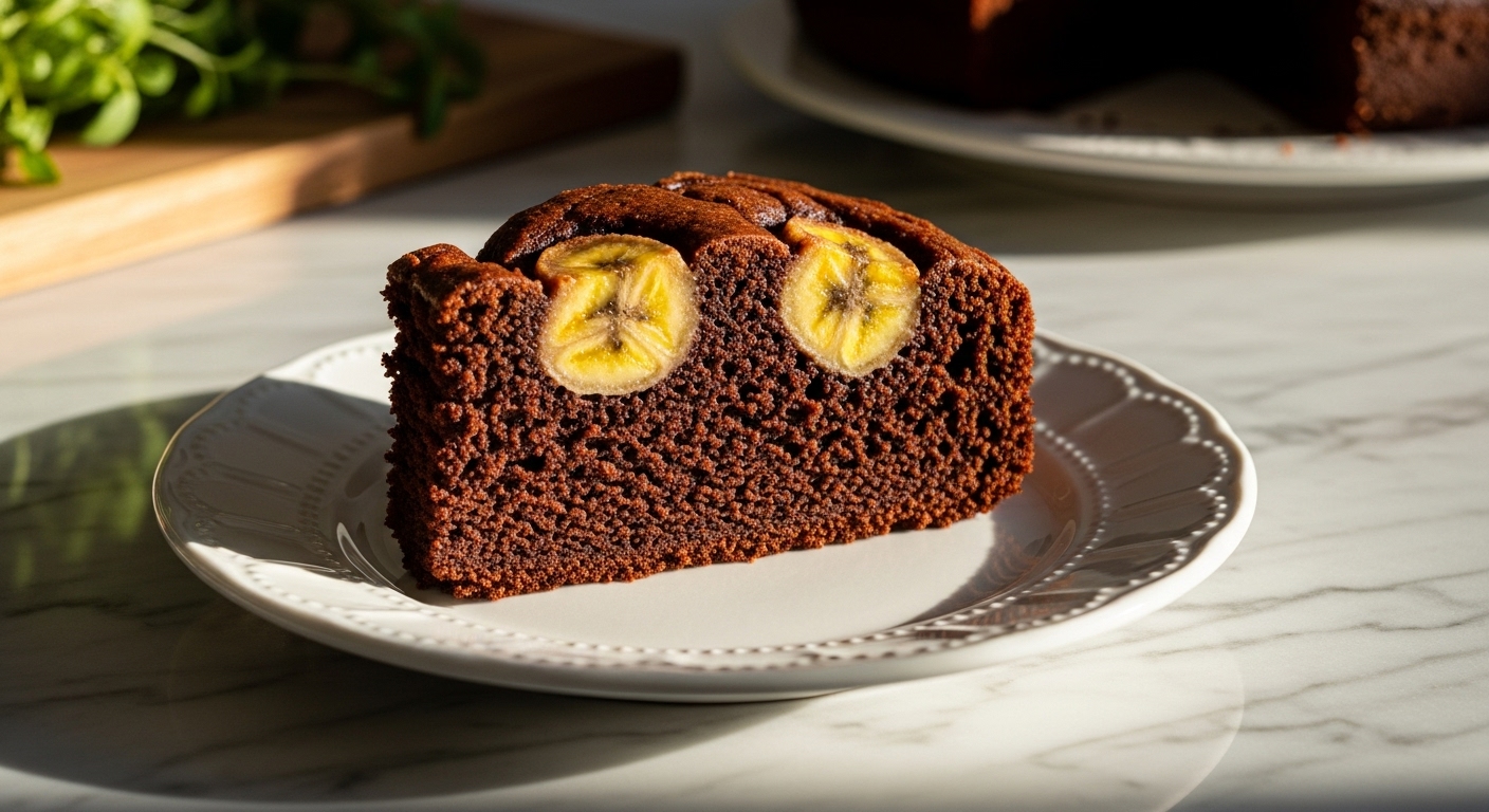 A beautifully plated slice of moist chocolate banana cake, showing its rich dark brown crumb and the distinct golden-yellow banana swirl within. The cake top has a subtle, elegant pattern. It's presented on a minimalist white plate with a decorative edge, sitting on marble countertops with wood accents in natural morning light, with fresh herbs visible in the soft background. The scene is clean and tidy with warm tones and soft shadows. NO HANDS.