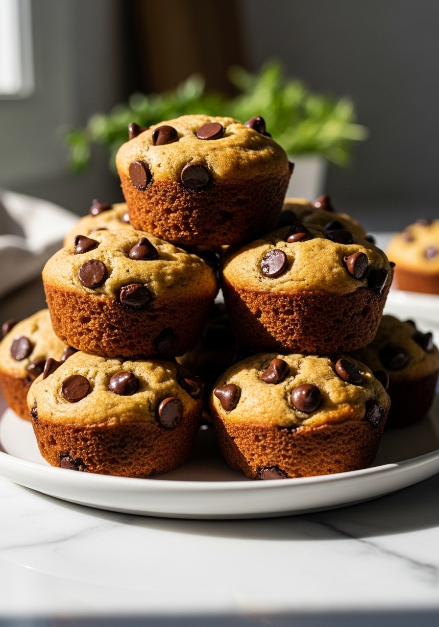 A close-up, inviting shot of a stack of golden brown Chocolate Chip Zucchini Bread Minis on a minimalist white plate, showcasing their deliciously appealing, moist texture and perfectly melted chocolate chips. The image is bathed in natural morning light from the east window, resting on marble countertops, with soft shadows and a hint of fresh herbs in the softly blurred background.