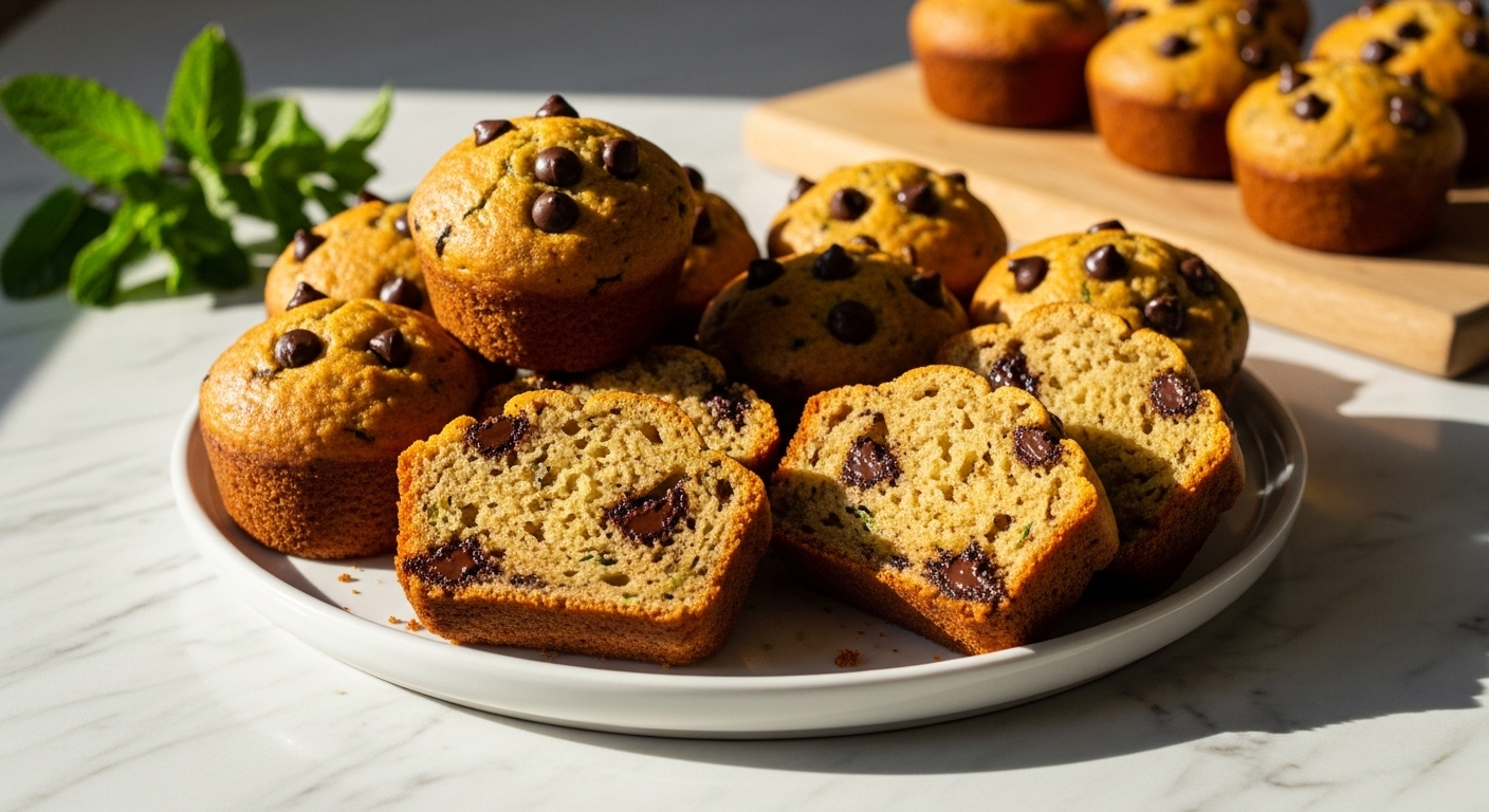 A beautifully arranged platter of golden brown, deliciously appealing Chocolate Chip Zucchini Bread Minis, some sliced to show the moist interior with visible zucchini flecks and melted chocolate chips. Placed on a minimalist white plate on marble countertops, with warm natural morning light streaming from the east window, soft shadows, and a sprig of fresh mint in the background. The wooden cutting board is subtly visible nearby, enhancing the clean and tidy presentation.