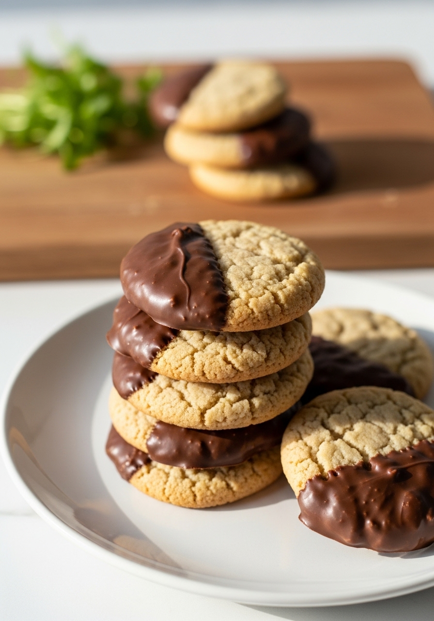 A close-up, slightly elevated shot of a stack of freshly baked Chocolate Dipped Toffee Cookies on a minimalist white plate, showcasing the buttery texture and chocolate dip, with the same wooden cutting board visible in the background under soft morning light. Fresh herbs are in soft focus, no hands.