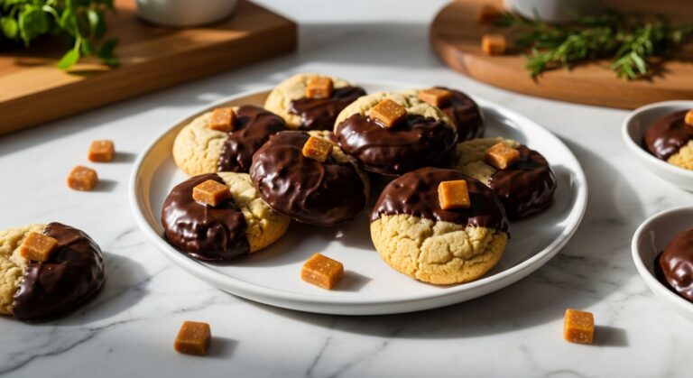 A delicious arrangement of Chocolate Dipped Toffee Cookies artfully displayed on a minimalist white plate, with a few extra toffee bits scattered around. The cookies are golden brown with rich chocolate coating and crunchy toffee. Shot on marble countertops with wood accents in natural morning light, soft shadows, warm tones, and fresh herbs subtly visible in the background, clean and tidy presentation, no hands.