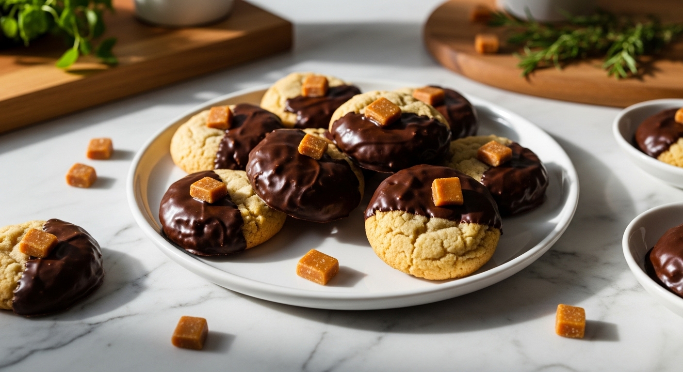 A delicious arrangement of Chocolate Dipped Toffee Cookies artfully displayed on a minimalist white plate, with a few extra toffee bits scattered around. The cookies are golden brown with rich chocolate coating and crunchy toffee. Shot on marble countertops with wood accents in natural morning light, soft shadows, warm tones, and fresh herbs subtly visible in the background, clean and tidy presentation, no hands.