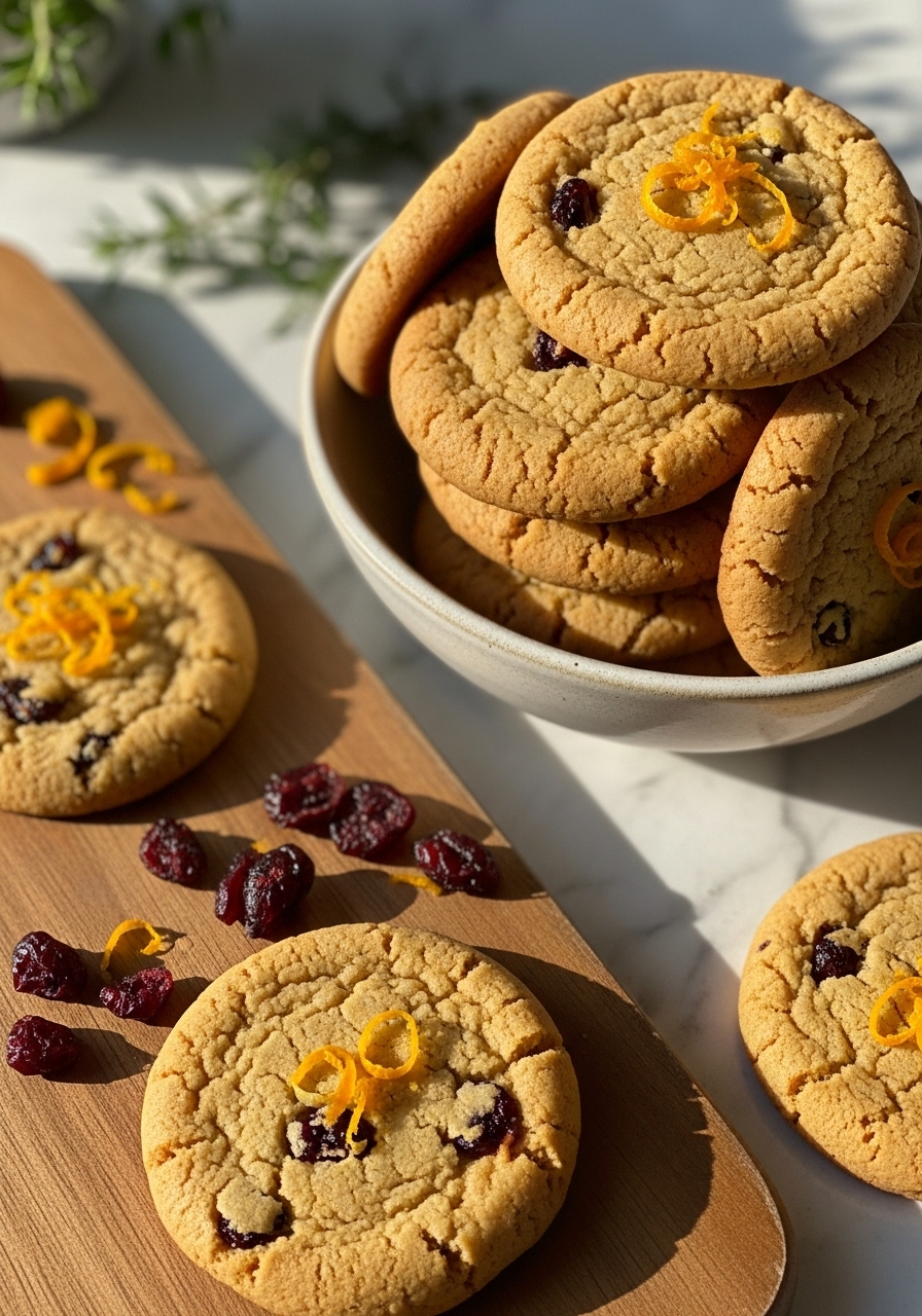 A close-up, slightly elevated shot of a stack of golden brown Christmas Cranberry Orange Cookies on a ceramic bowl, with a few loose dried cranberries and orange zest artfully scattered on the wooden cutting board nearby. The cookies show their deliciously appealing texture and visible specs of cranberries and orange zest. Shot on marble countertops with natural morning light, emphasizing warm tones and soft shadows, making the cookies look incredibly yummy and ready to be devoured. Fresh herbs are subtly visible in the background.