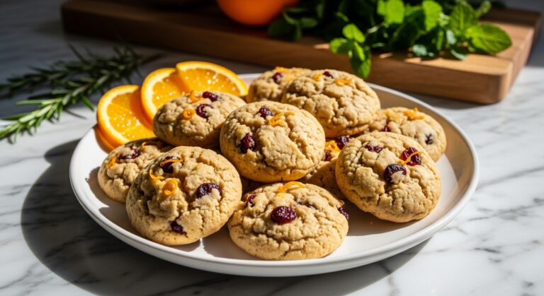 A beautifully arranged plate of freshly baked, golden brown Christmas Cranberry Orange Cookies on a minimalist white plate, adorned with a few fresh orange slices and vibrant green herbs (like rosemary or mint) in the background. The cookies are soft, slightly crinkled, with visible cranberries and orange zest. Shot on marble countertops with wood accents, bathed in natural morning light from an east window, creating soft shadows and warm tones. The presentation is clean, tidy, and exudes a genuine love for the process.