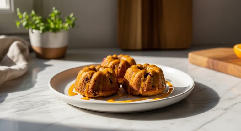 A beautifully arranged shot of three perfectly domed Christmas Cranberry Orange Muffins on a minimalist white plate, adorned with a light orange glaze drizzle. The plate sits on marble countertops with warm wooden accents, under natural morning light from the east window. Fresh herbs are visible in a small ceramic bowl in the soft-focused background, alongside the familiar wooden cutting board. Soft shadows and warm tones create a clean, inviting scene.