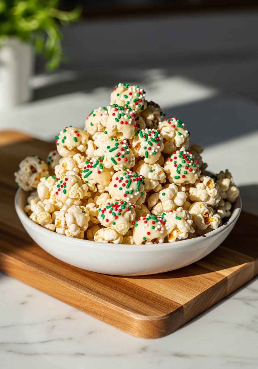 A 3:4 close-up of the finished Christmas Popcorn Snack, showcasing its glossy white chocolate coating, vibrant red and green sprinkles, and the texture of the popcorn. The snack is piled high in a minimalist ceramic bowl on the same wooden cutting board, with natural morning light creating soft shadows on the marble countertops in the background. Fresh herbs are blurred in the very far background, maintaining a clean and tidy presentation with warm tones. No hands are visible.