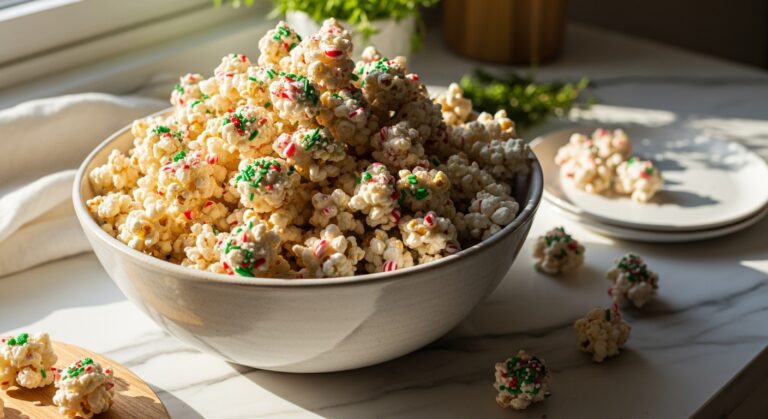 A beautifully composed 16:9 shot of a large ceramic bowl overflowing with festive Christmas Popcorn Snack. The popcorn is coated in white chocolate with red and green sprinkles, and hints of crushed candy canes. It's placed on marble countertops with wood accents, bathed in natural morning light from an east window. Soft shadows enhance its appeal. A minimalist white plate with a few scattered pieces is visible nearby, and fresh herbs subtly appear in the background, all contributing to a clean and tidy presentation with warm tones. No hands are visible.