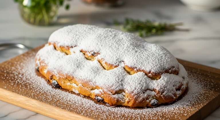 A beautiful, whole Christmas Stollen, heavily dusted with powdered sugar, perfectly centered on a wooden cutting board on marble countertops. Fresh herbs are subtly visible in the background, bathed in soft natural morning light. The golden-brown crust and snowy sugar are mouth-watering, with warm tones and a clean, tidy presentation.