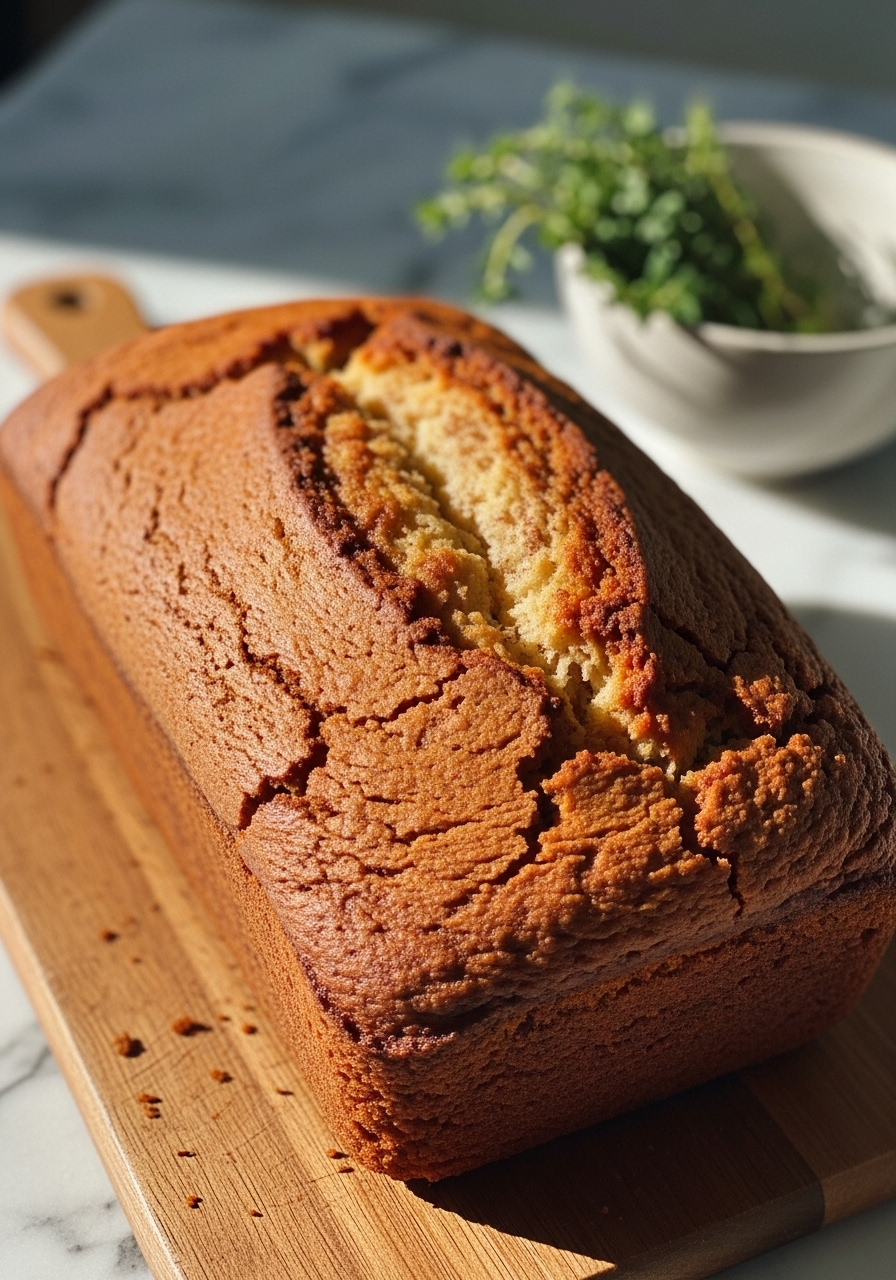 A close-up, slightly elevated shot of a full loaf of delicious, golden-brown Cinnamon Swirl Banana Bread cooling on the wooden cutting board. The top crust shows enticing cracks with glimpses of the cinnamon swirl. Natural morning light creates soft shadows, highlighting the warm tones of the bread against the marble countertop. A sprig of fresh mint or thyme is neatly placed nearby in a ceramic bowl.