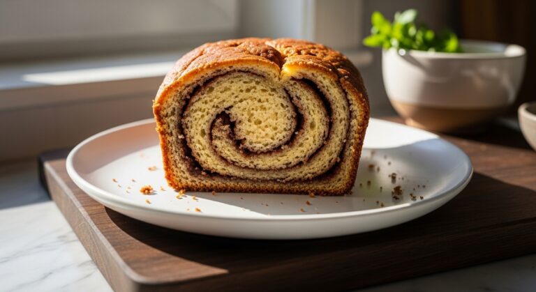 A beautifully sliced piece of golden brown, mouth-watering Homemade Cinnamon Swirl Banana Bread on a minimalist white plate, showcasing the distinct cinnamon swirl. The plate rests on a dark wooden cutting board, with soft natural morning light illuminating it from an east window, casting warm tones and gentle shadows on the marble countertop. Fresh herbs are subtly visible in a ceramic bowl in the background.