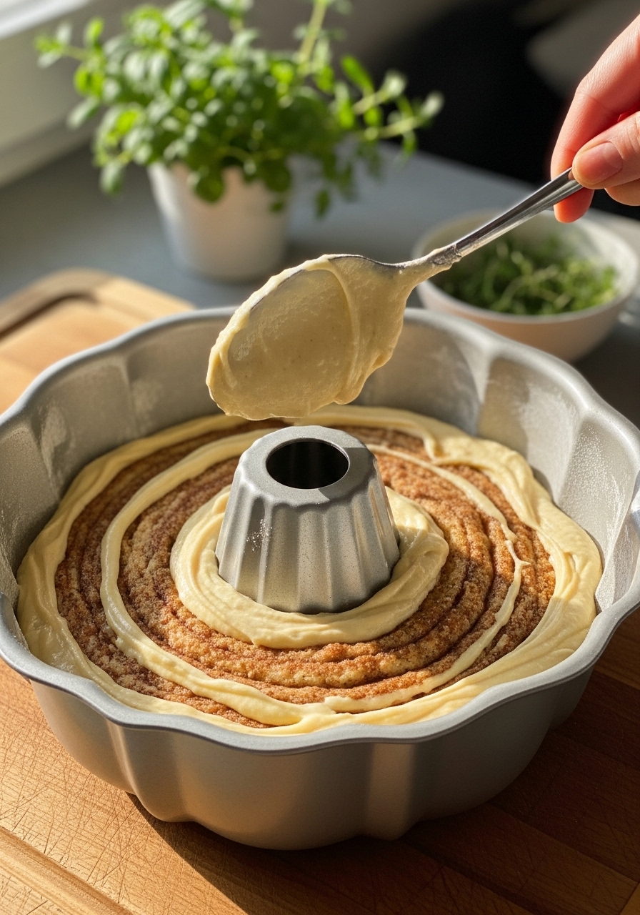 A baking in-process shot capturing the moment a luscious layer of cake batter is carefully spooned into a well-greased bundt pan, revealing a distinct layer of cinnamon-sugar swirl already in place, on the wooden cutting board, with natural morning light illuminating the scene and fresh herbs in the soft background. No hands or people.