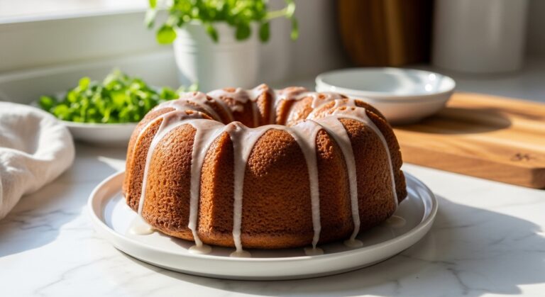 A mouth-watering Cinnamon Swirl Sour Cream Bundt Cake, beautifully glazed and perfectly golden, positioned centrally on a minimalist white plate on marble countertops, with fresh herbs visible in the soft background, bathed in natural morning light from an east window. The signature wooden cutting board is subtly visible nearby, creating a warm, clean, and tidy presentation with soft shadows. No hands or people.