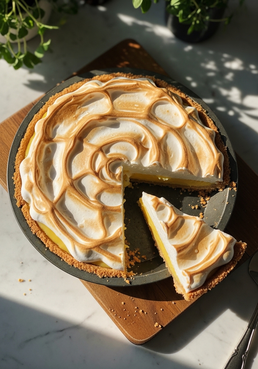 A delicious overhead shot of the Classic Lemon Meringue Pie still in its rustic metal tin, with a single slice already removed, revealing the perfect layers of creamy yellow lemon filling and the thick, fluffy toasted meringue, set on the same wooden cutting board on a marble countertop. The scene is bathed in warm natural morning light, with subtle fresh herbs in the background and soft shadows. Mouth-watering and inviting.