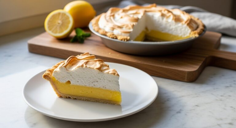 A beautifully plated slice of Classic Lemon Meringue Pie in a minimalist white plate, showcasing its golden, toasted meringue peaks, vibrant yellow lemon filling, and flaky crust. The rest of the pie sits in its rustic metal tin on the same wooden cutting board on a marble countertop, with a fresh lemon half and a subtle sprig of fresh mint visible in the soft, warm natural morning light from an east window, casting gentle shadows. Clean and tidy presentation, delicious and appealing.