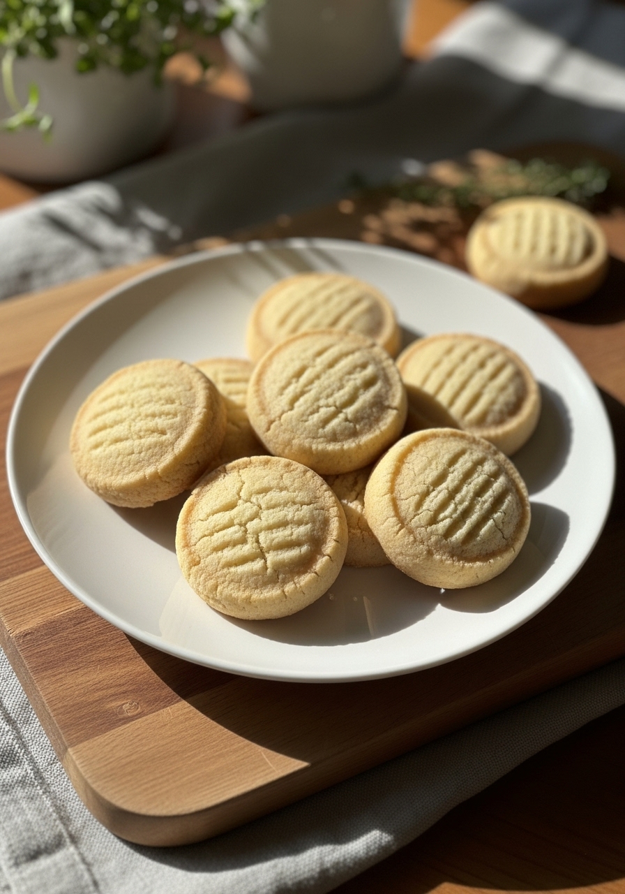 A different angle of the perfectly baked classic shortbread cookies on a minimalist white plate on the wooden cutting board, showcasing their tender crumb and golden hue, with natural morning light illuminating the scene and soft shadows, ensuring fresh herbs are visible in the background. The presentation is clean and tidy.