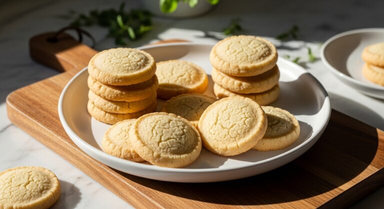 A beautifully arranged plate of golden-edged classic shortbread cookies, some stacked, some scattered, on a minimalist white plate, placed on the wooden cutting board against marble countertops. The scene is bathed in natural morning light from the east window, creating soft shadows and warm tones, with fresh herbs subtly visible in the background, all presenting a clean and tidy but inviting display of delicious shortbread.