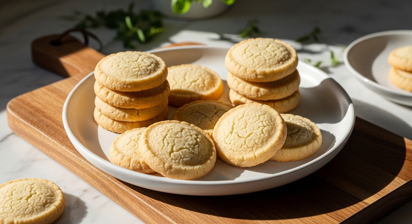 A beautifully arranged plate of golden-edged classic shortbread cookies, some stacked, some scattered, on a minimalist white plate, placed on the wooden cutting board against marble countertops. The scene is bathed in natural morning light from the east window, creating soft shadows and warm tones, with fresh herbs subtly visible in the background, all presenting a clean and tidy but inviting display of delicious shortbread.