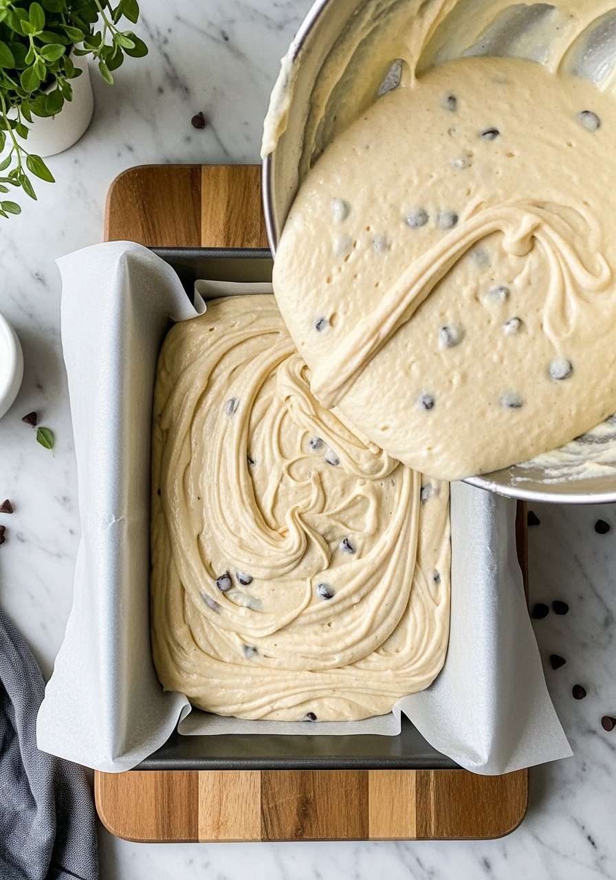 An overhead 3:4 action shot of thick, creamy High-Protein Cottage Cheese Blondies batter being poured into a parchment-lined 8x8 inch baking pan, sitting on the wooden cutting board on marble countertops. Natural morning light highlights the smooth texture of the batter with visible chocolate chips. Fresh herbs are subtly visible in the background, adding a touch of natural beauty to the clean and tidy scene, emphasizing the authentic baking process.