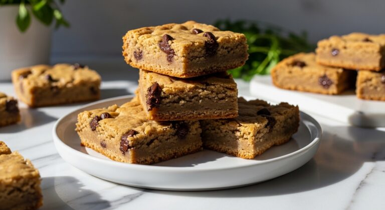 A beautifully composed 16:9 hero shot of a stack of golden brown, deliciously gooey High-Protein Cottage Cheese Blondies on a minimalist white plate, placed on marble countertops with wood accents. Natural morning light casts soft shadows. Fresh herbs are visible in the background, out of focus. The blondies have visible melted chocolate chips and a slightly crisp edge, emphasizing their irresistible, healthy appeal.