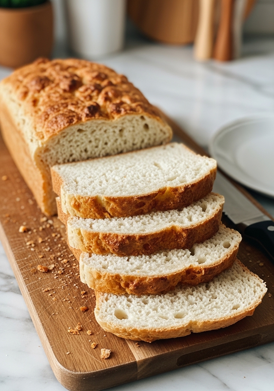 A close-up shot of the Cottage Cheese Bread loaf and stacked slices, highlighting the golden-brown crust and the incredibly tender, airy texture of the white interior. The bread is on the same wooden cutting board, with the bread knife nearby, all illuminated by soft natural morning light. Warm tones, clean marble countertops in the background with slight wood accents. No hands visible.